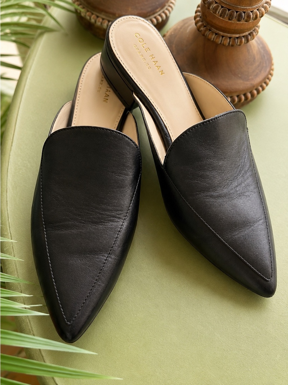 Cole Haan Grand Ambition Pointed Toe Mules – Black Leather – Size 7B